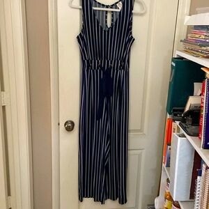 |Wrapper| Navy Blue Striped Jumpsuit - Petite M